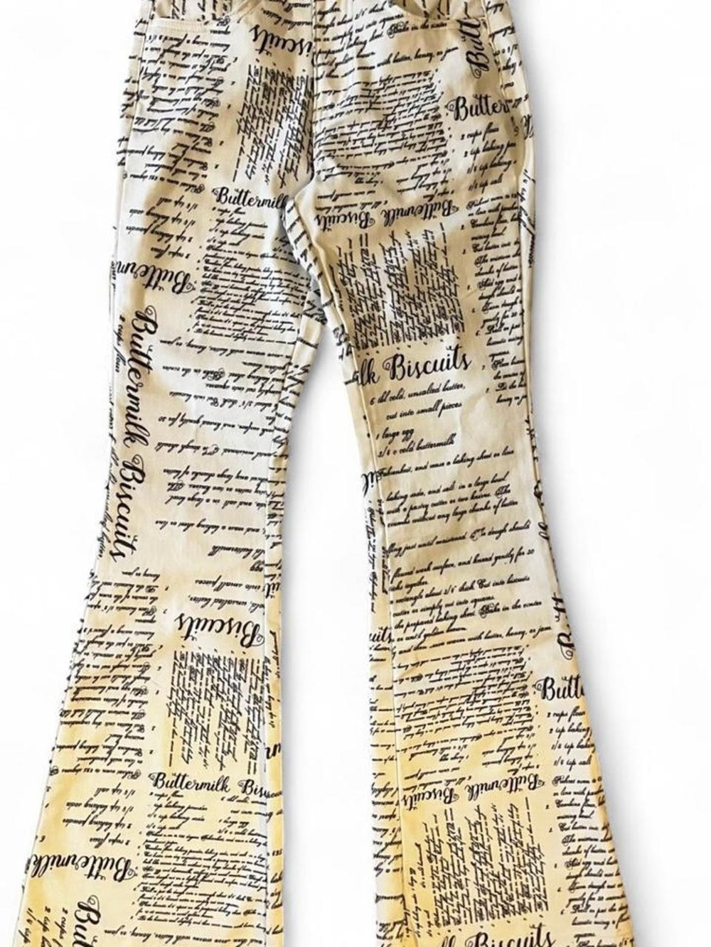 GOGO Cream Flared Wide Leg Jeans with Black Script Print